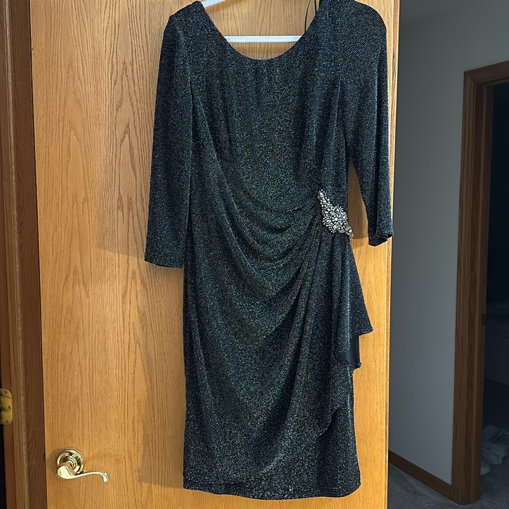 Sheath Crepe Dress -size 12 black sparkle w/beaded embellishment at the hip